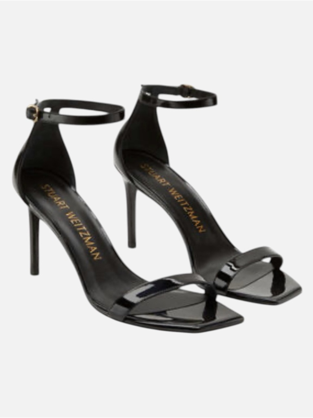 Stuart Weitzman Nunaked Curve 85 Black Patent Ankle Strap Stilettos 7.5 AA NIB